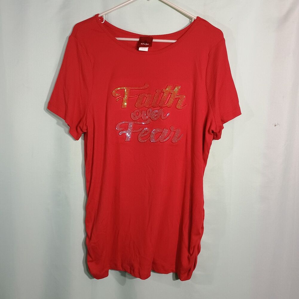 Women’s Red “Faith Over Fear” Rhinestone Graphic T-Shirt